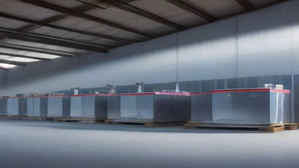 Stack of aluminium mining machines on a pallet in a bright warehouse